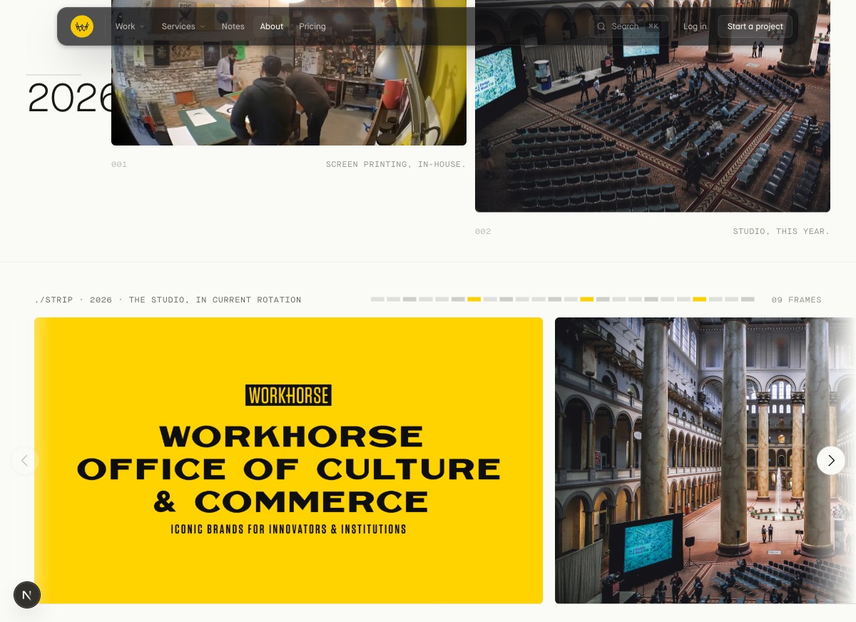 About page rebuild for Workhorse. The studio's twelve-year history rendered as an era spine.