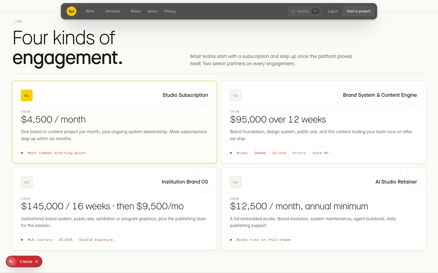 Workhorse engagement stamps. Four pricing tiers from Studio Subscription to AI Studio Retainer.