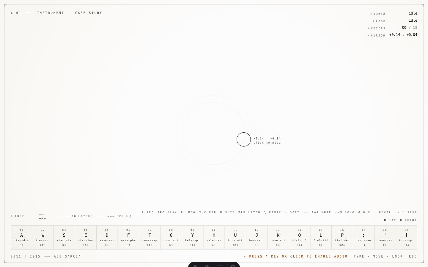 The instrument in its idle state. Cream paper background, hairline frame, corner registration marks, telemetry rows in the upper right, and a row of nineteen voice keys along the bottom. A soft camera-lens cursor breathes at the center of the page.