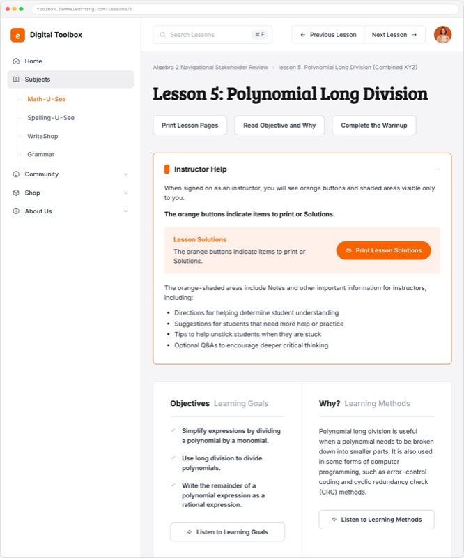 Lesson 5, Polynomial Long Division, instructor view
