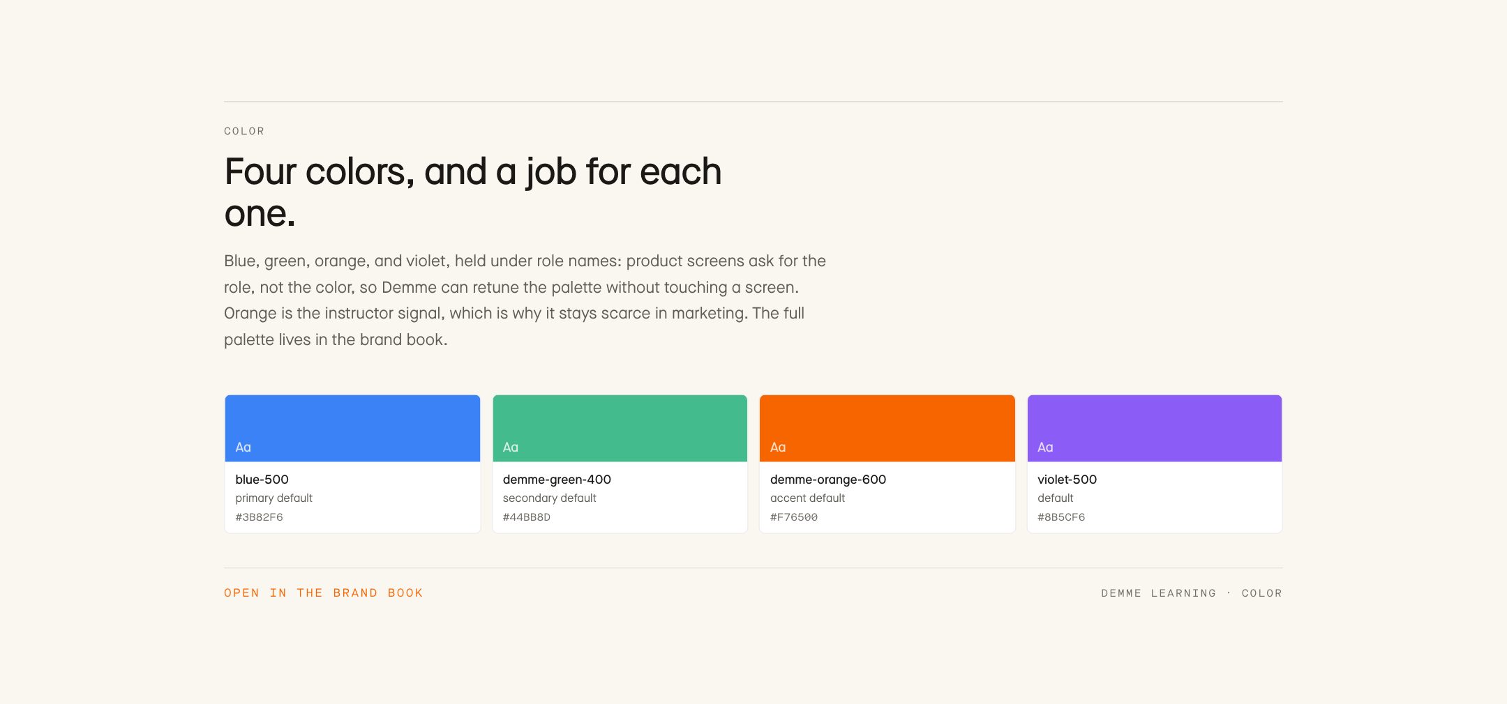Four colors, and a job for each one.. Blue, green, orange, and violet, held under role names: product screens ask for the role, not the color, so Demme can retune the palette without touching a screen. Orange is the instructor signal, which is why it stays scarce in marketing. The full palette lives in the brand book.
