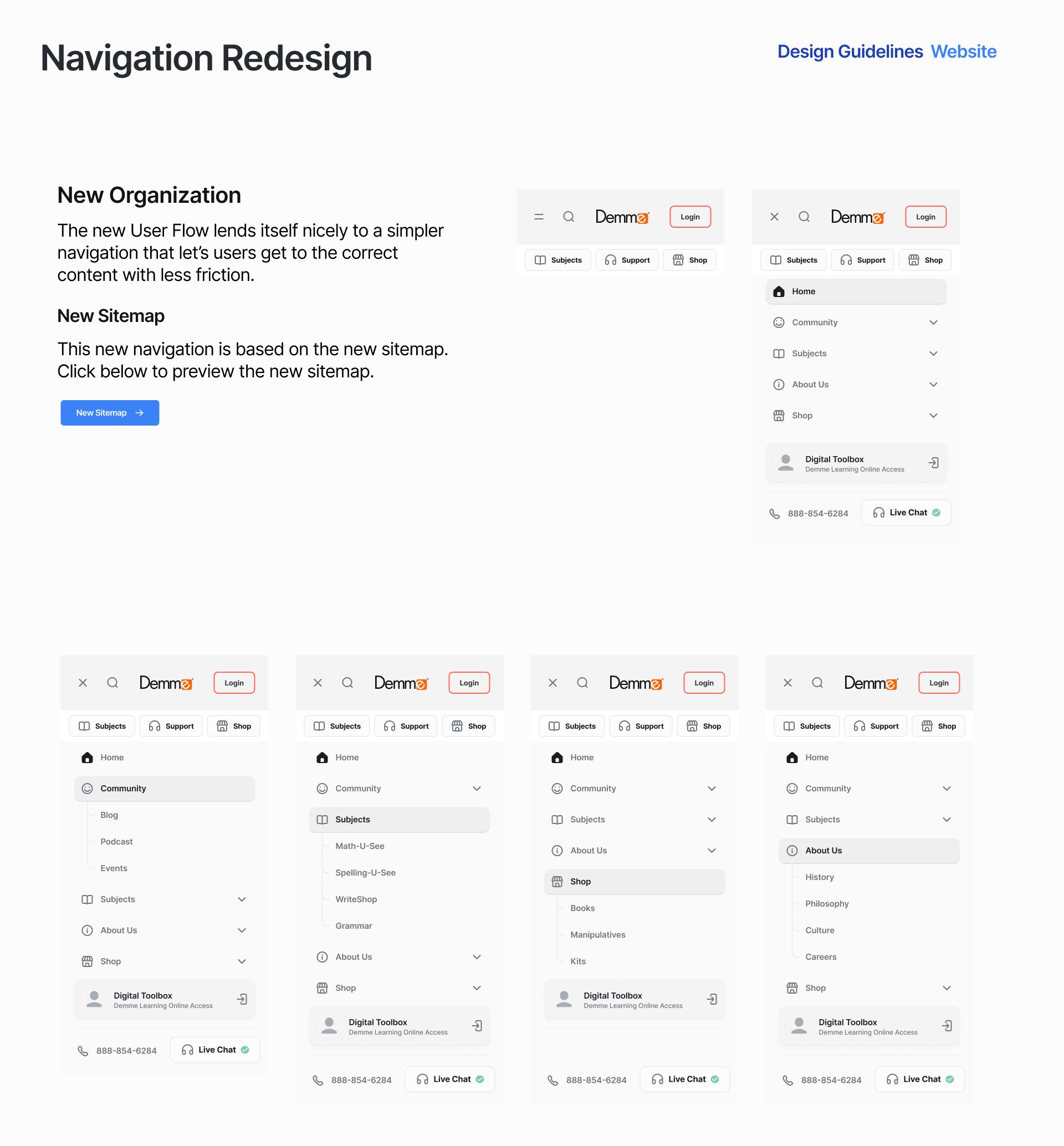 Mobile navigation: Subjects, Support, and Shop as the top row, with each section opened