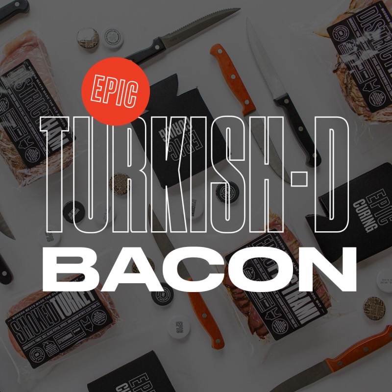 Turkish-D Bacon name set over a product flatlay