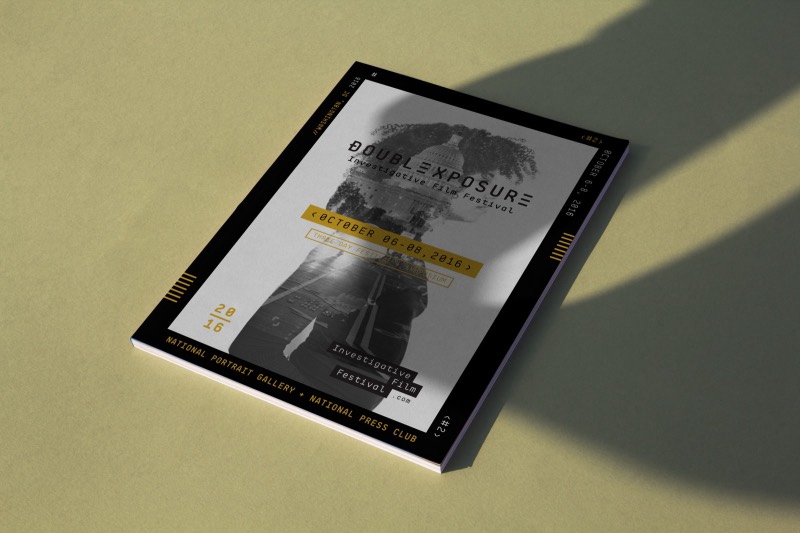 The festival program cover, a double-exposed portrait in a black frame