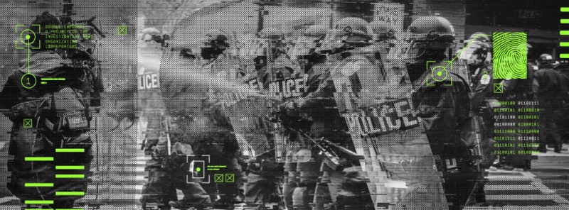 A social header: a halftone street scene with green surveillance marks
