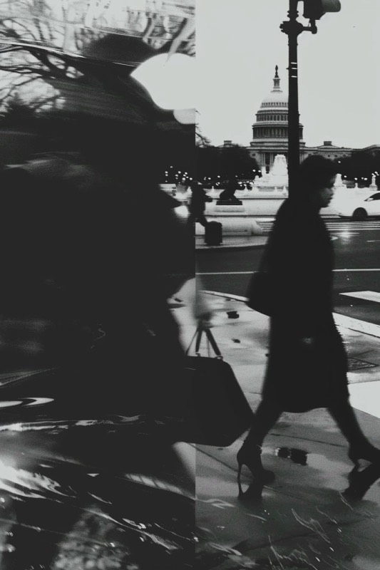 Study: a figure crossing a street, the Capitol behind, double exposed