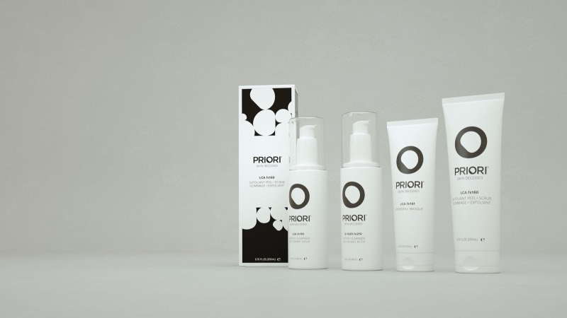 3D render of Priori’s core product line and carton on grey, 2017