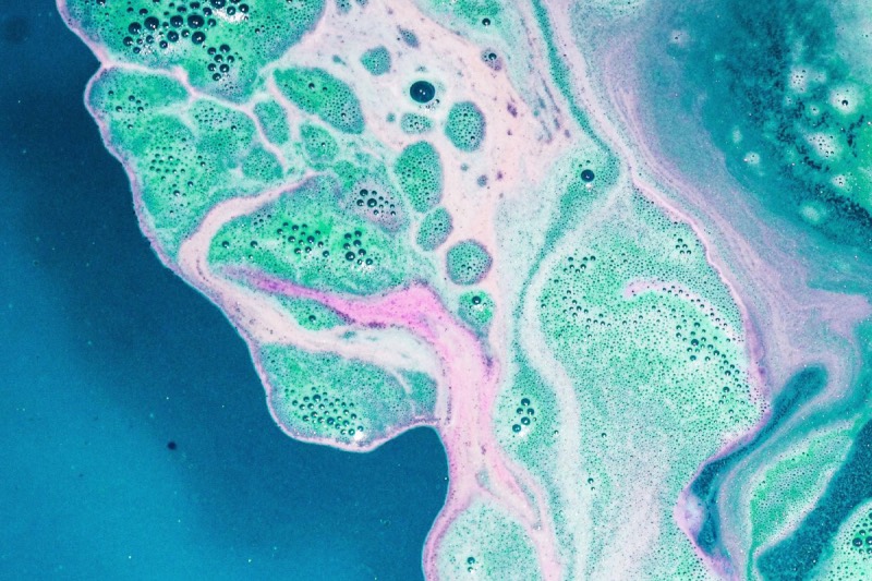 Marbled ink in turquoise, green, and pink