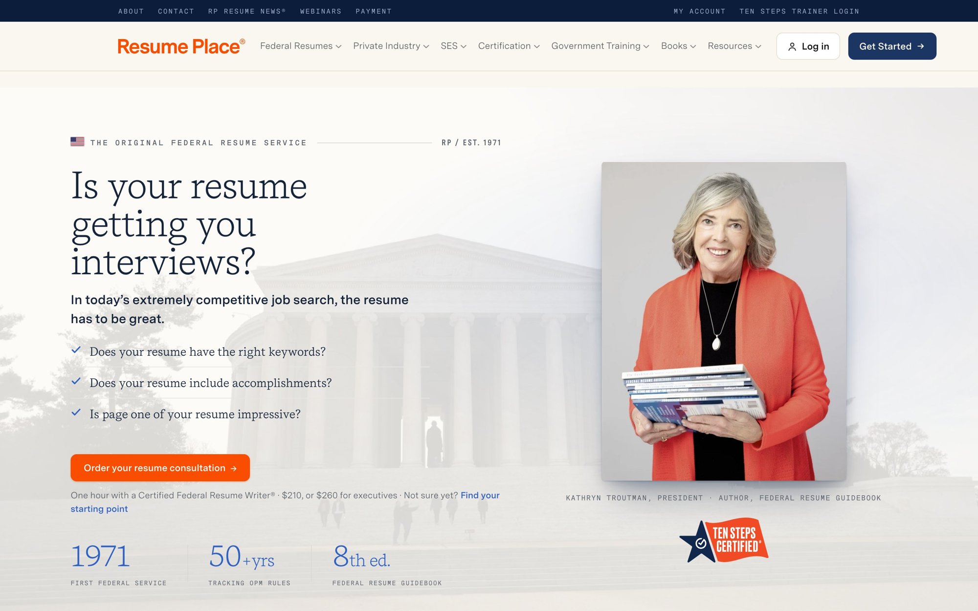 The 2026 Resume Place home: Kathryn Troutman with the Ten Steps books, the consultation button, and the founding figures