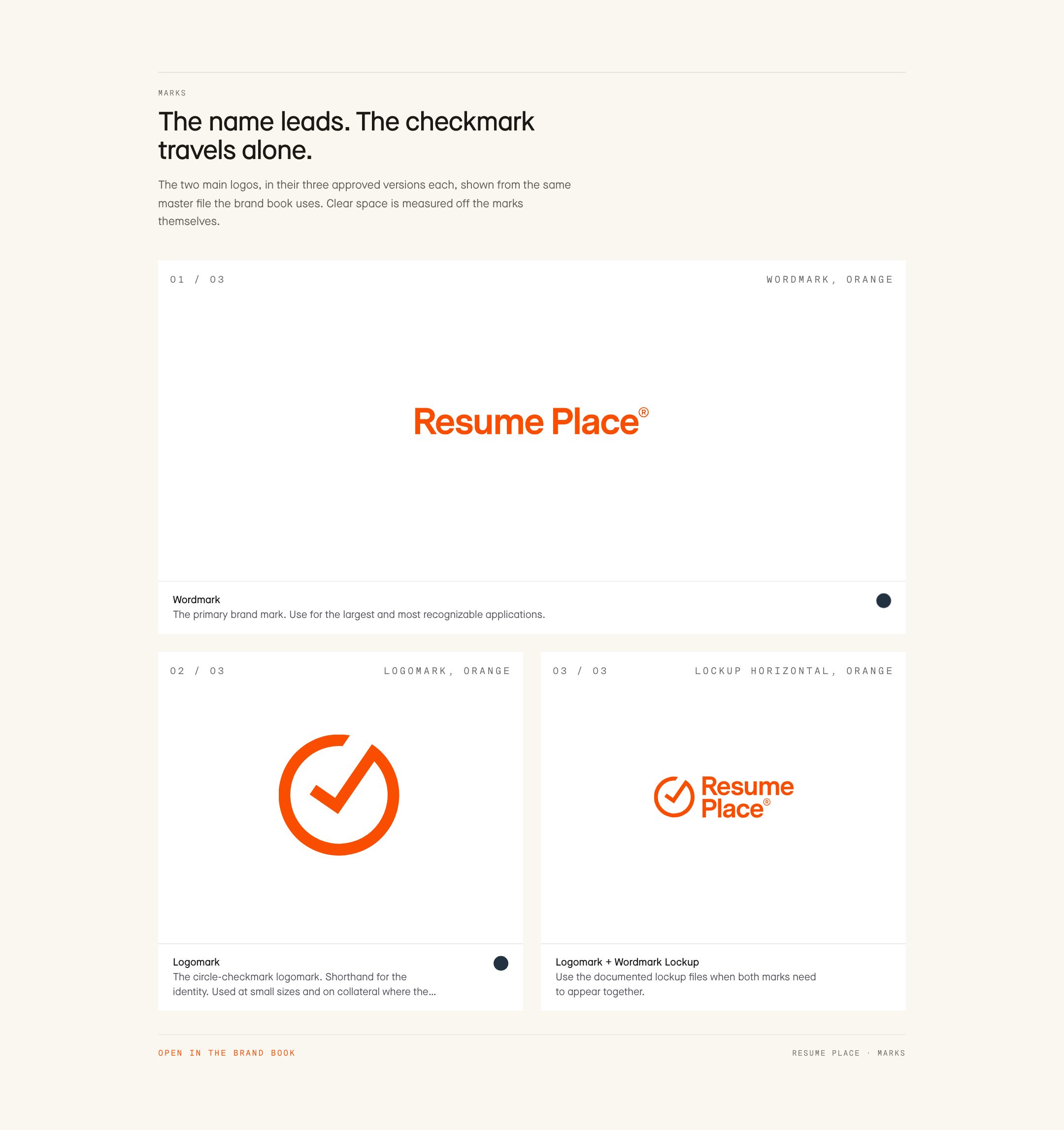 The name leads. The checkmark travels alone.. The two main logos, in their three approved versions each, shown from the same master file the brand book uses. Clear space is measured off the marks themselves.