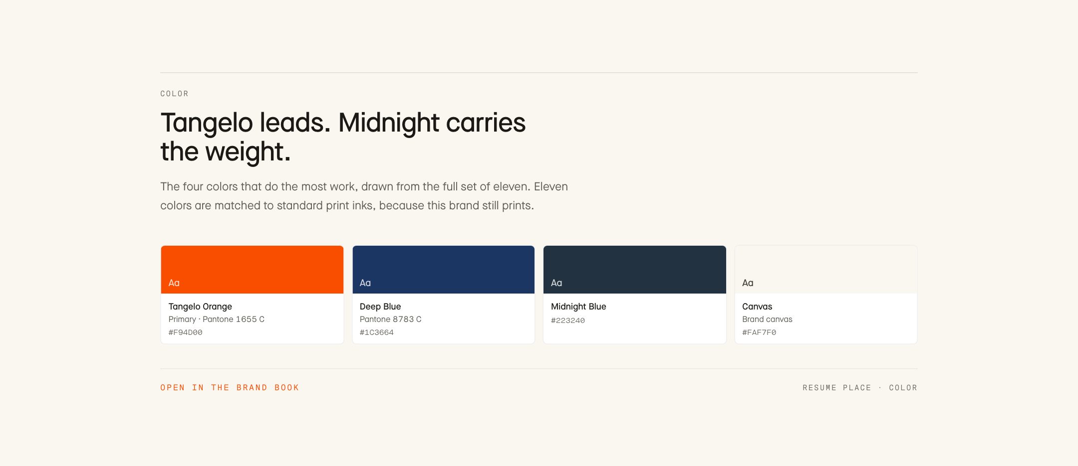 Tangelo leads. Midnight carries the weight.. The four colors that do the most work, drawn from the full set of eleven. Eleven colors are matched to standard print inks, because this brand still prints.
