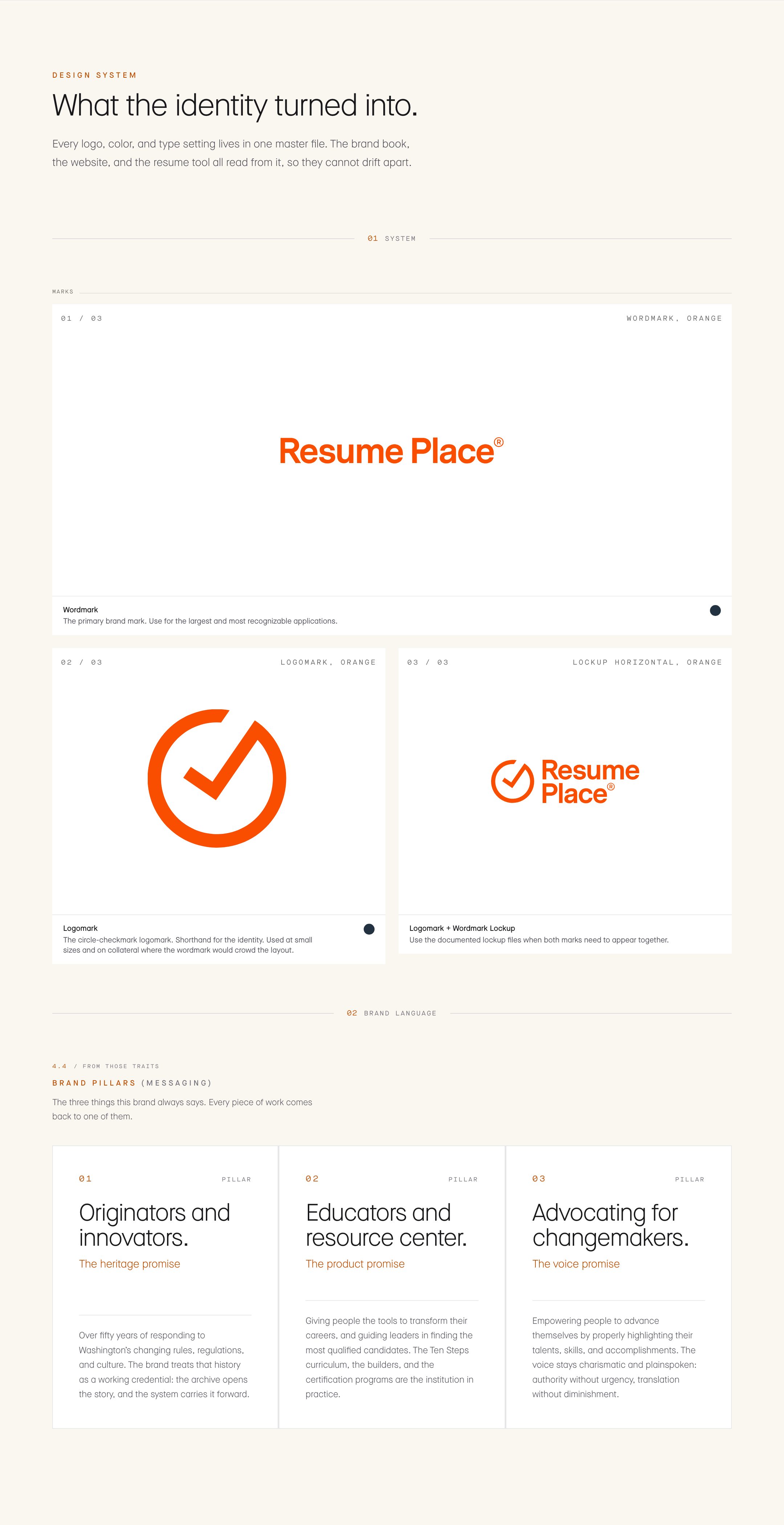 What the identity turned into.. Every logo, color, and type setting lives in one master file. The brand book, the website, and the resume tool all read from it, so they cannot drift apart.