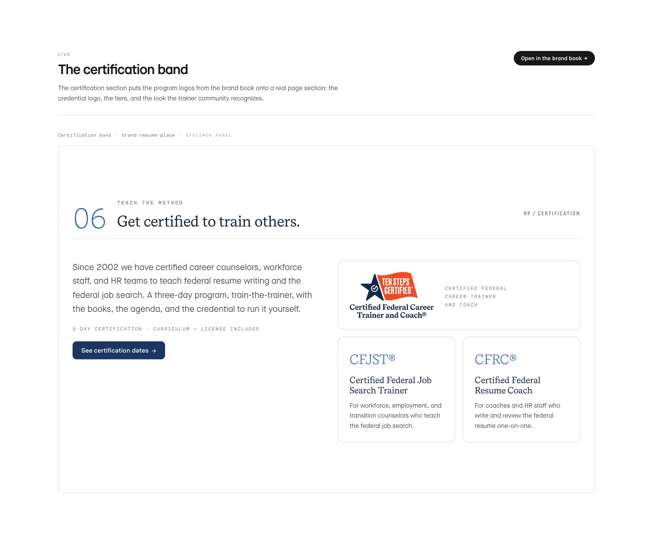 The certification band. The certification section puts the program logos from the brand book onto a real page section: the credential logo, the tiers, and the look the trainer community recognizes.